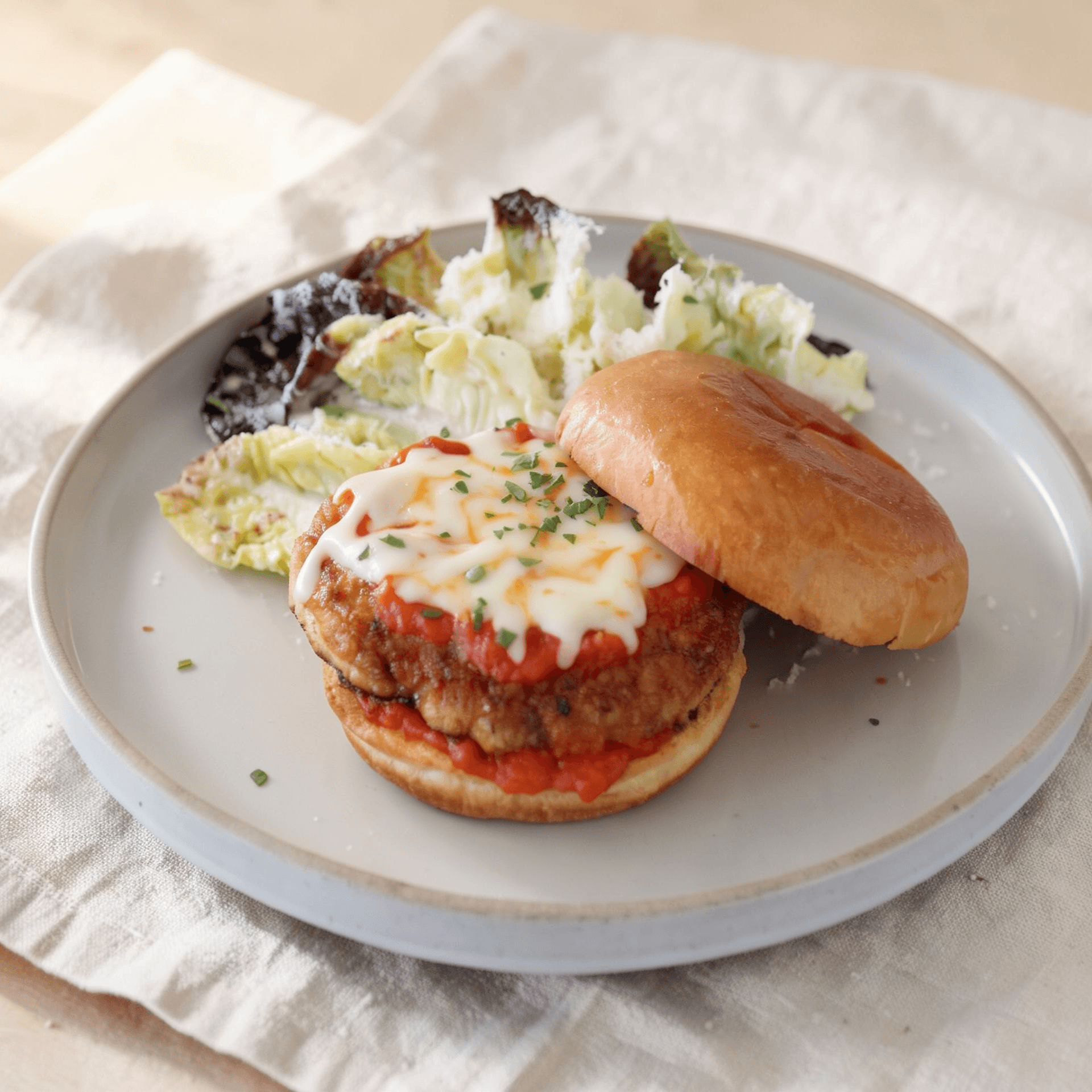 Chicken Parm Burger with Garlic Bread Buns